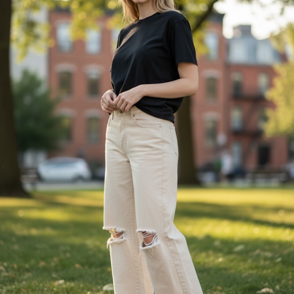 We The Free Wide-Leg Distressed Jeans — Cream